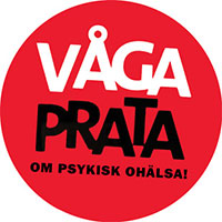 Rund röd knapp med texten Våga prata om psykisk ohälsa!