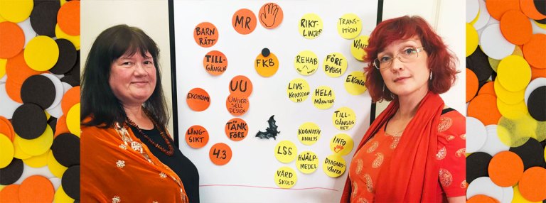 Berit och Johanna vid workshoppens resultattavla