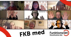 Flera personer i digitalt möte. De räcker upp sina händer som en vinkning.