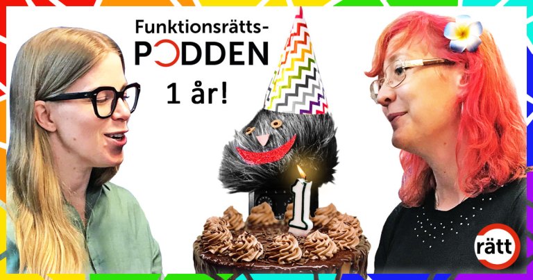 Ett kollage där Karin, Johanna och poddtrollet står runt en stor tårta med ett ljus på.