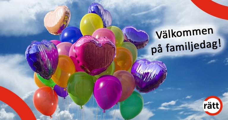 Ballonger i olika glada färger mot blå himmel med vita moln. Några ballonger är ovala, andra är hjärtformade.