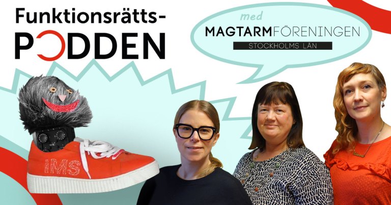 Poddtrollet sitter i en neurosko och tittar på handläggarna Karin, Berit och Johanna.