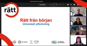 Tre föreläsare i digitalt möte visar en presentation som heter "Rätt från början".