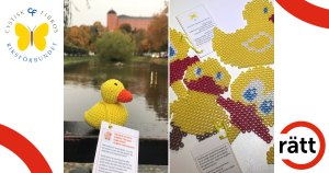 En virkad gul anka och flera gula ankor som pärlplattor