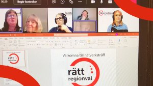 Flera personer i ett digitalt möte. En presentation med texten Välkommen på nätverksträff - regionval 2022
