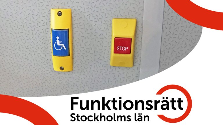 Den blå bussknappen, med en "person i rullstol-grafik" intill en röd stoppknapp.