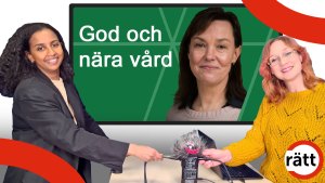 Salina och Johanna håller upp poddtrollet. I bakgrunden syns Anna Nergårdh på en skärm.