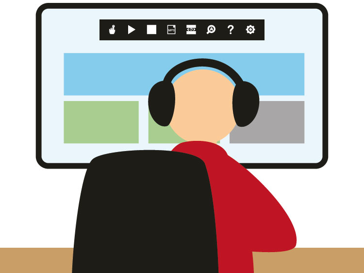 En person sitter med hörlurar på sig framför en datorskärm och använder hjälpmedel för att få texten på datorn uppläst.