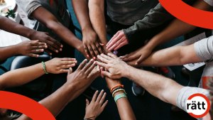 Flera personers händer sträcks ut och samlas i en ring. Det finns händer i olika färg och både kvinno- och manshänder.