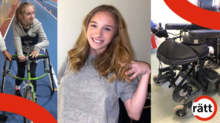 Meya och ett par av hennes hjälpmedel.