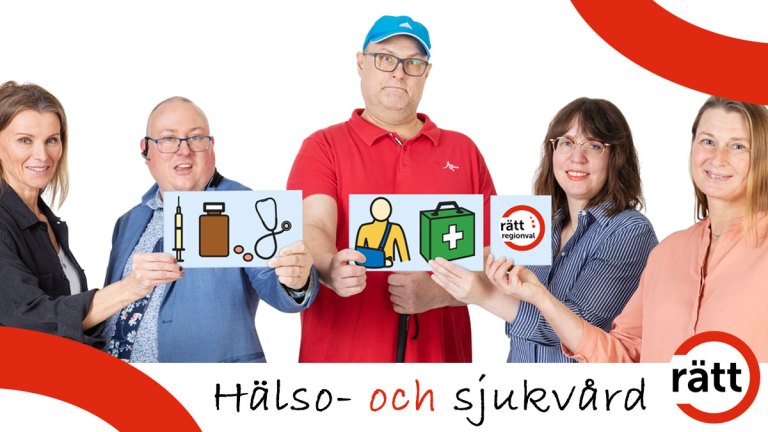 Fem personer håller upp skyltar med olika medicinsk utrustning.