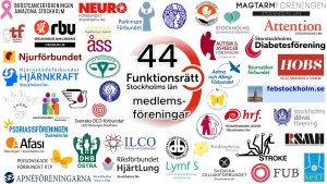 44 av medlemsföreningarnas loggor omsluter loggan för Funktionsrätt Stockholms län