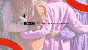 Bosses logga, i bakgrunden fyra personer som står i rad och stöttande håller om varandras ryggar.