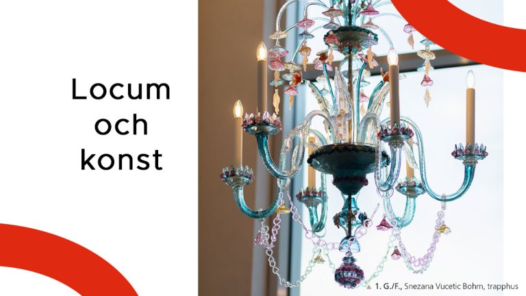 Locum och konst. En kristallkrona i skira pastellfärger, med slingor och löv i stället för hängande kristaller.