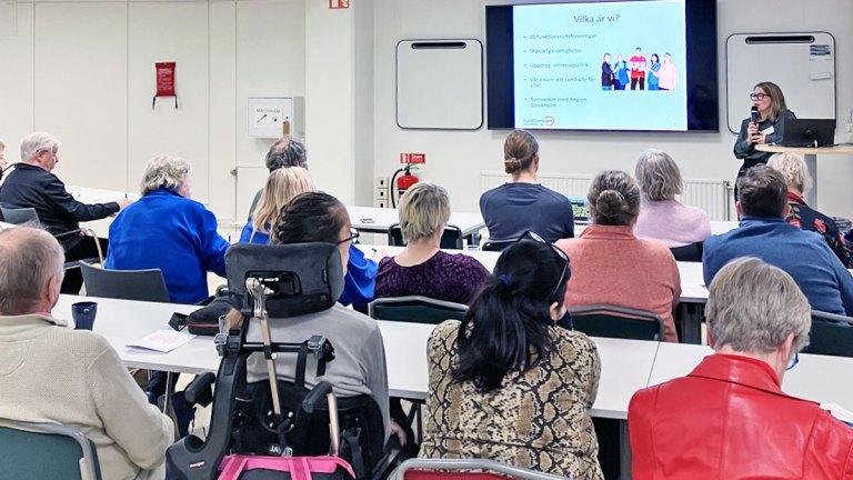 Karin står intill en presentation som visas på en vägg. Hon håller en mikrofon. Framför henne sitter en publik och lyssnar.