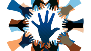 Tecknade händer i olika färger formar en ring runt en hand i mitten och symboliserar inkludering och samarbete.