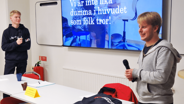 Ungdomarna Milton och Lucas håller varsin mikrofon. På skärmen i bakgrunden syns deras presentation. Det står "vi är inte lika dumma i huvudet som folk tror".