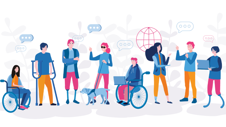 En illustration av en grupp personer med olika funktionsnedsättningar. De pratar. DigidelCenter.
