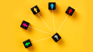 Flera olika möjliga sträckor har dragits från ett frågetecken till fem olika pilar, som indikerar fem olika val.