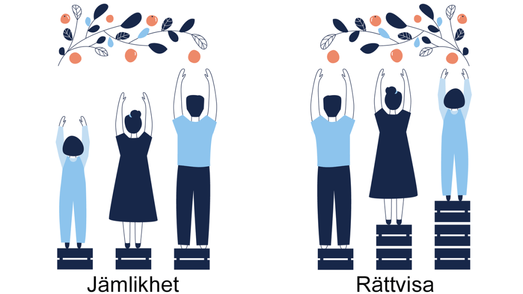 Ett par illustrationer som beskriver skillnaden mellan begreppen jämlikhet och rättvisa. 

På den första bilden försöker tre personer i olika längd att plocka frukt från ett träd. Alla står på varsin lika hög trälåda för att nå, men endast den längsta når till frukterna. Under står det ”jämlikhet”.

På den andra bilden har lådorna omfördelats, så att fruktplockarna har olika många lådor, och alla tre når upp till fruktträdet. Under står det ”rättvisa”.
