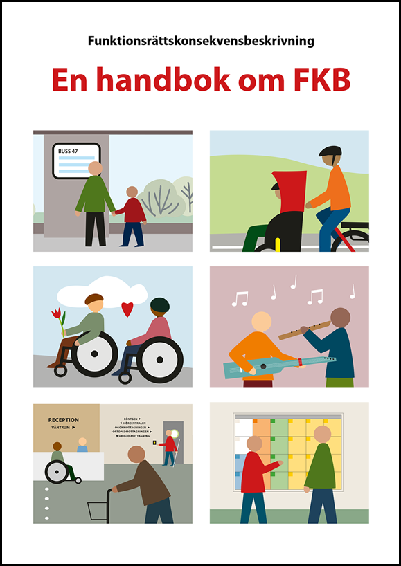 Framsidan av FKB-handboken, med flera olika illustrationer av personer i vardagen.