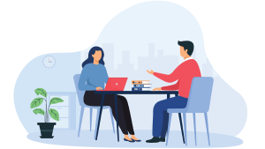 Illustration av två personer sitter vid ett bord. Den en har en dator och den andra berättar något.
