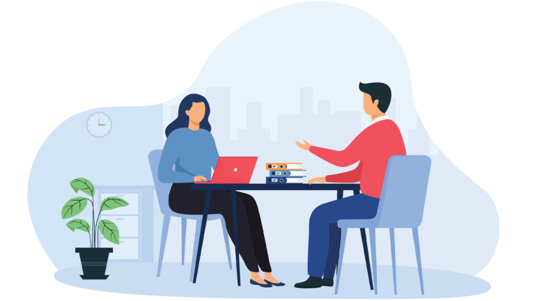 Illustration av två personer sitter vid ett bord. Den en har en dator och den andra berättar något.