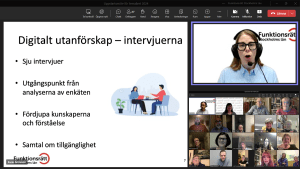 Flera personer i ett digitalt möte. En presentation om "digitalt utanförskap" syns.