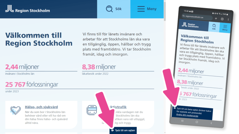 Regionens nya hemsida på en datorskärm och en mobiltelefon.