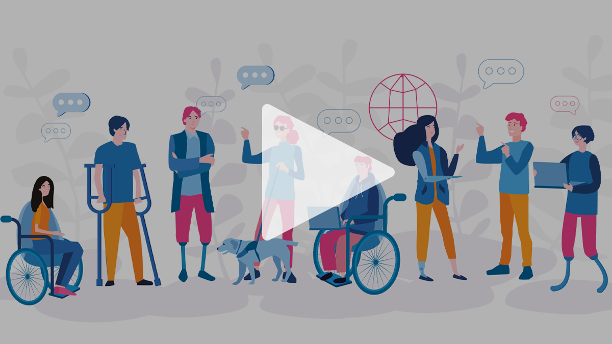En illustration av en grupp personer med olika funktionsnedsättningar. De pratar. DigidelCenter. Ovanför bilden en pil som indikerar att det är en film.