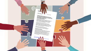 Ett 9-bitars pussel i olika färger. Åtta händer håller på varsin pusselbit. I mitten ligger ett dokument.