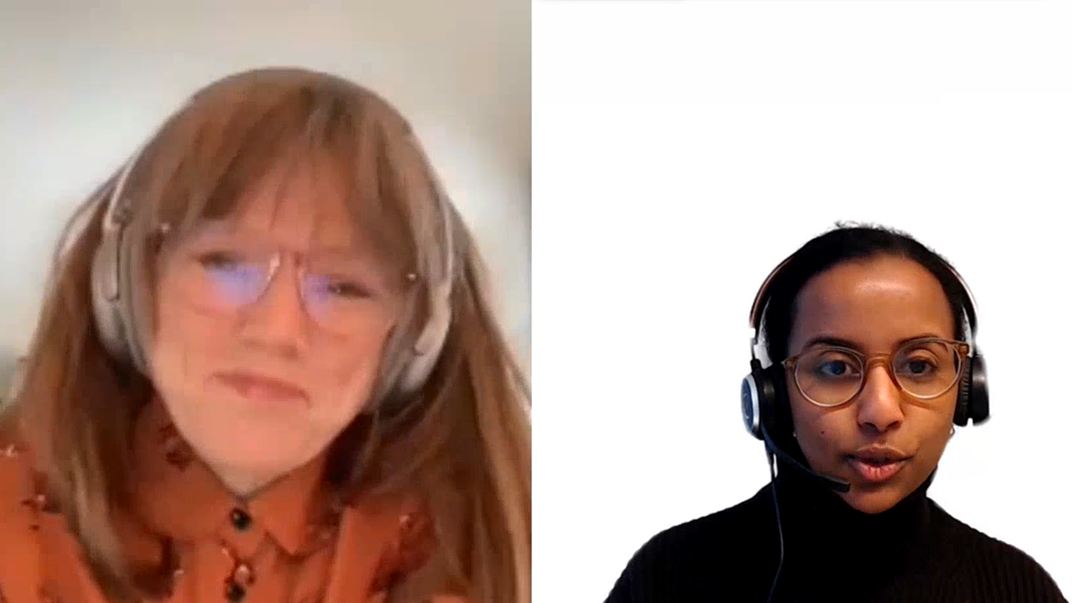 Två personer syns i ett digitalt möte. Båda bär hörlurar.