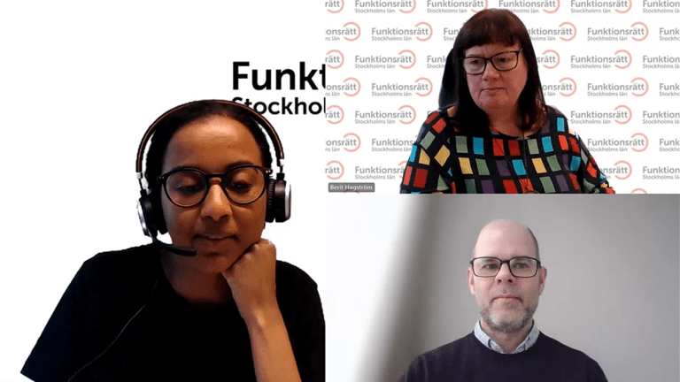 Handläggarna Salina och Berit, tillsammans med föreläsare Tor Gustavsson, från Funktionsrätt Sverige i ett digitalt möte.