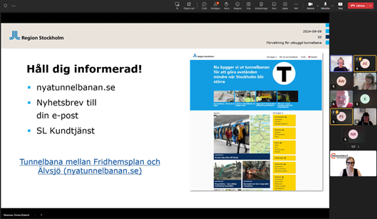 I ett digitalt möte syns några ansikten i rutor till höger. Skärmen domineras av en presentation med text och en bild på en t-baneskylt.