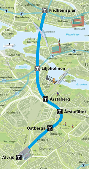 Den nya dragningen av tunnelbanans planerade gula linje, från Fridhemsplan, vidare till Liljeholmen, Årstaberg, Årstafältet, Östberga och Älvsjö.