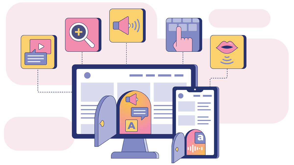 En illustration av en datorskärm som visar en hemsida. Små ikoner visar olika alternativ för att underlätta för personer att ta till sig informationen: filmklipp, textförstoring, uppläst text och skärmläsarnavigering med tangentbordet.