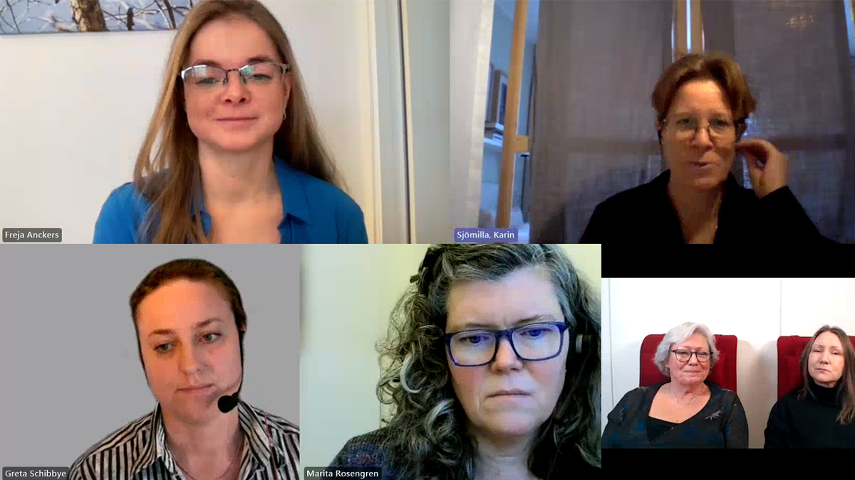 Flera personer i ett digitalt möte. Freja har långt, brunt hår och bär glasögon, en klarblå skjorta och ett leende. Karin justerar mikrofonen till sitt headset medan hon talar. Hon har kort, brunt hår och bär glasögon och svart skjorta. Greta har uppsatt mörkt hår och bär headset och randig skjorta. Hon småler. Marita ser lite allvarlig ut. Hon har lockigt hår och bär blå glasögon. Åse och Carina delar bildruta. Åse har kort, vitt hår och glasögon. Carina har långt, brunt hår. Båda bär mörka tröjor och de småler mot kameran.