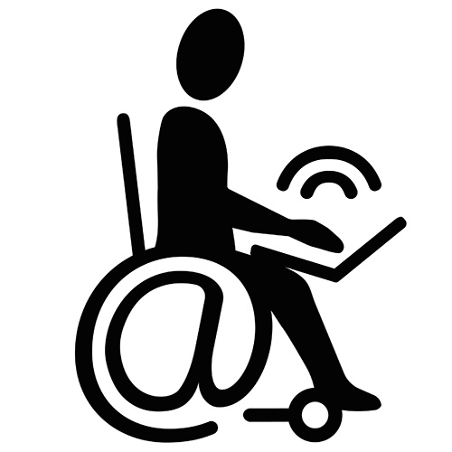 En rullstol med ett snabel-a i bakhjulet. Personen i rullstolen använder en laptop.