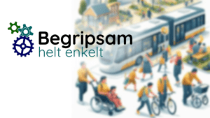 Begripsams logga. I bakgrunden en illustration av flera personer i rörelse.