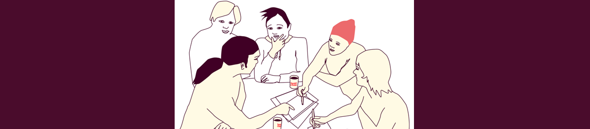 Teckning av 5 personer som sitter runt ett bord och diskuterar. Några skriver på papper. På bordet står det kaffekoppar.