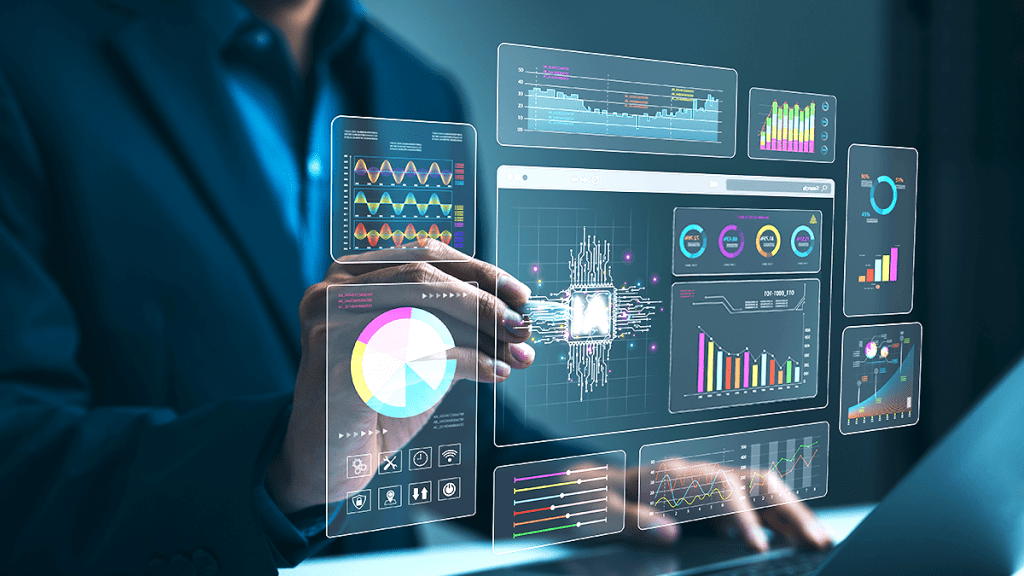 En person använder ett sci-fi-inspirerat holografiskt datorgränssnitt. I mitten står det AI