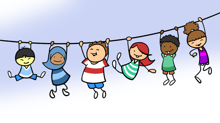 Ett illustrerat rep hänger som ett u över bilden. Flera barn har greppat repet i en eller båda händer och dinglar glatt och leker.