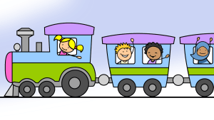 En färgglad illustration av ett litet ånglok som drar fyra små vagnar. Loket och vagnarna är fullastade med glada barn. Alla ler och många vinkar.