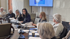 Flera personer sitter kring ett o-format bord. Aida Hadžialić talar i en bordsmikrofon. I bakgrunden visar hon en presentation på en skärm.