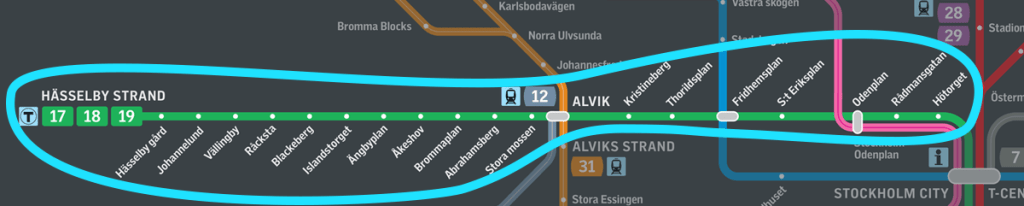 Del av SL-kartan över spårtrafiken i Stockholm. Tunnelbanelinjen mellan Hässelby strand och Hötorget har ringats in.