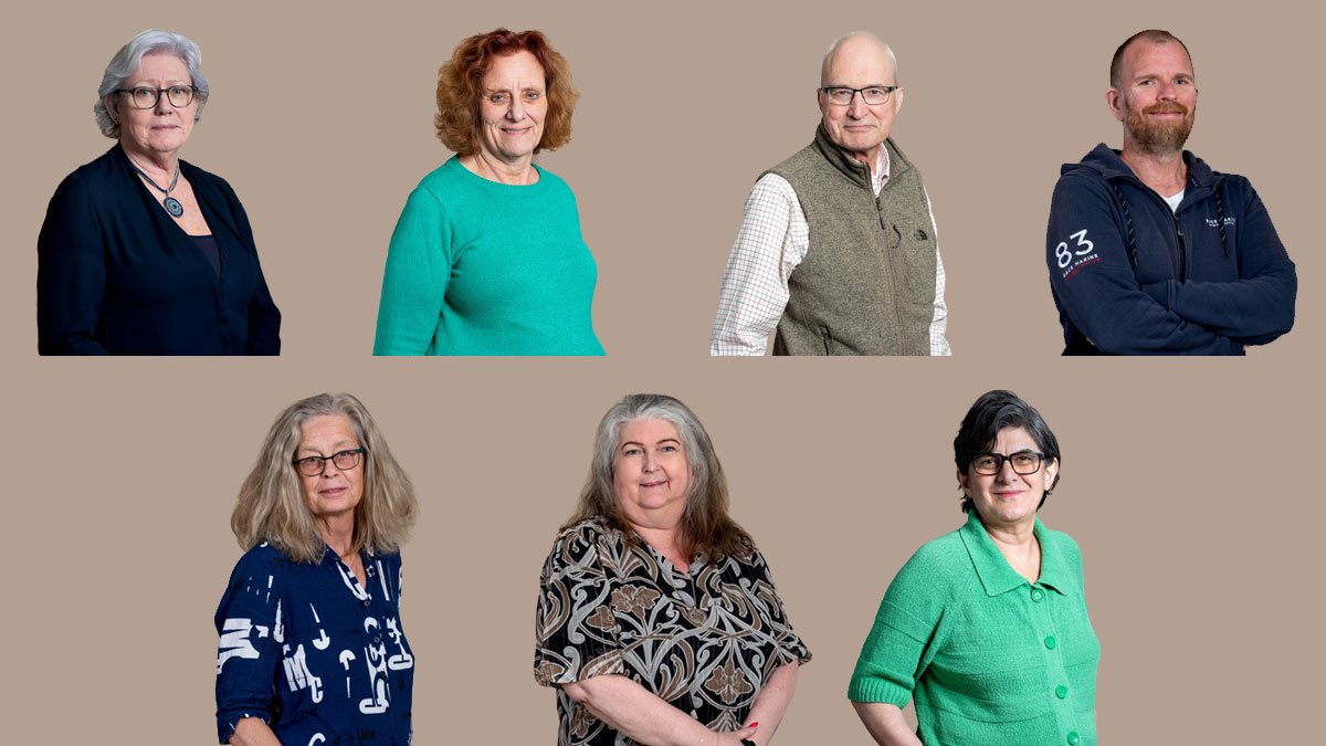 Kollage av porträttbilder av de sju styrelseledamöter vars mandatperioder går ut till årsmötet 2026.
