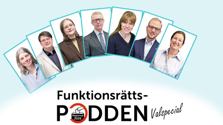 Loggan för Funktionsrättspoddens valspecial och porträttbilder på de hittills intervjuade politikerna.