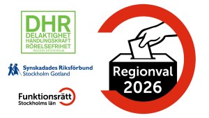 Vår logga för regionvalet 2026, en hand som lägger ett röstkuvert i en valurna, tillsammans med loggorna för DHR, SRF och Funktionsrätt Stockholms län.