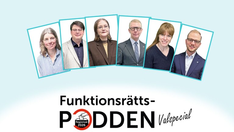Loggan för Funktionsrättspoddens valspecial och porträttbilder på de hittills intervjuade politikerna.