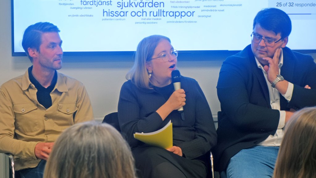 Hanna Jokio, S, talar i en mikrofon. Hon sitter mellan Axel Conradi, M, och Msciwoj Swigon, SD, som båda tittar på henne. I  bakgrunden visas en presentation.